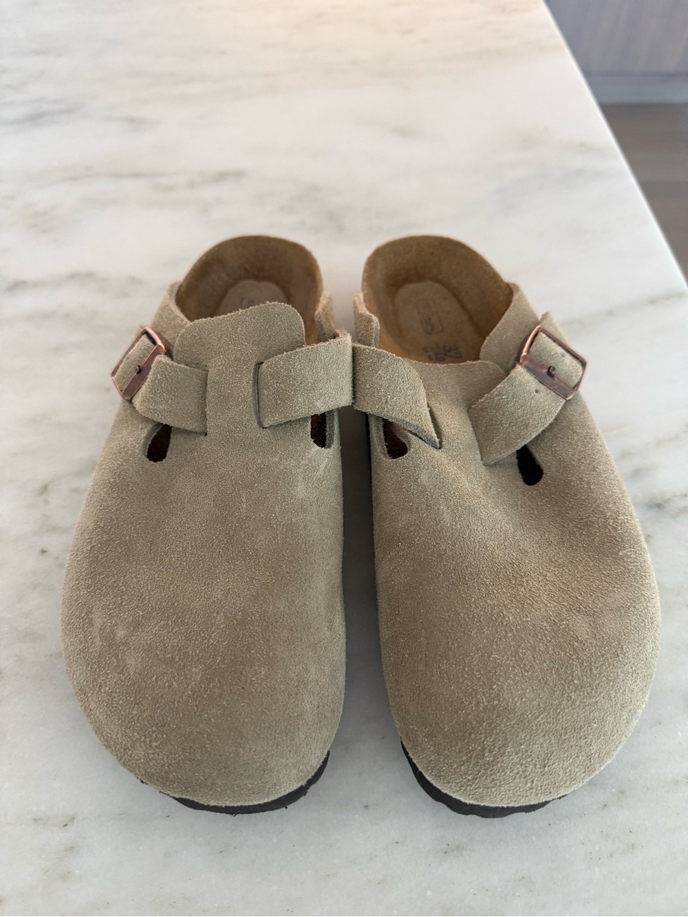 Birkenstock Suede Clog Mules in Light Taupe